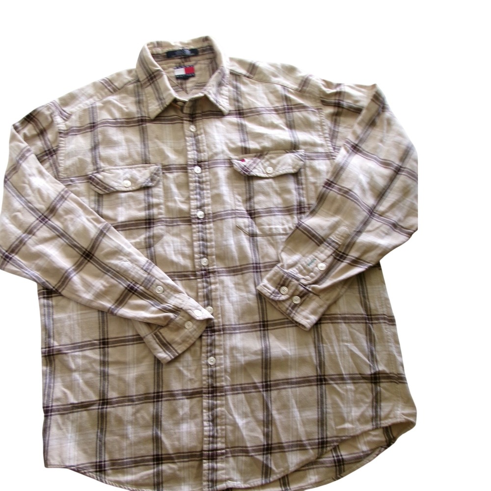 Tommy Hilfiger Mens Tan Brown Plaid Flannel Button Down Shirt Long Sleeve L